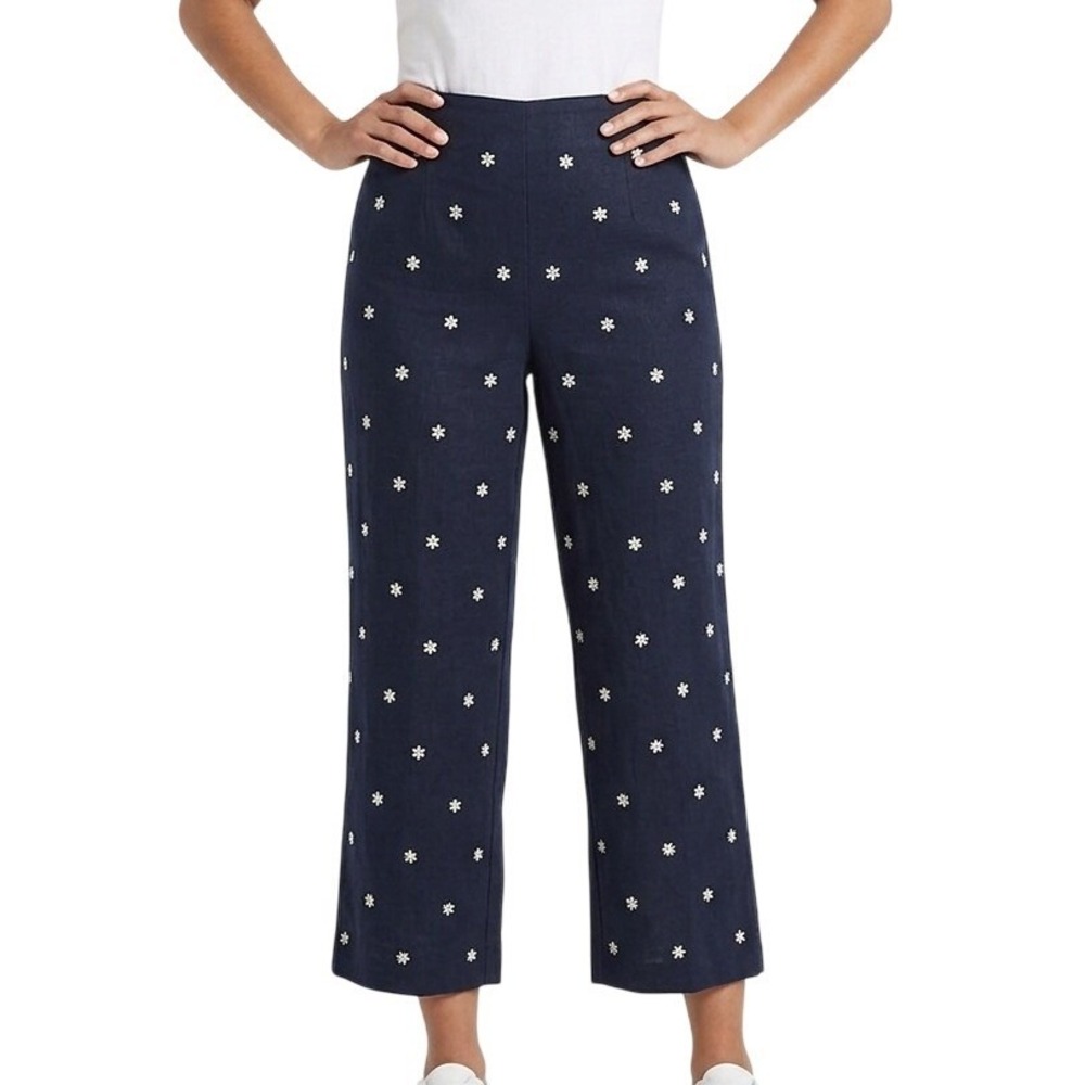 Dress Barn Navy Blue Floral Embroidered Cropped Linen Blend Pants Size Zip‎ Sz 6